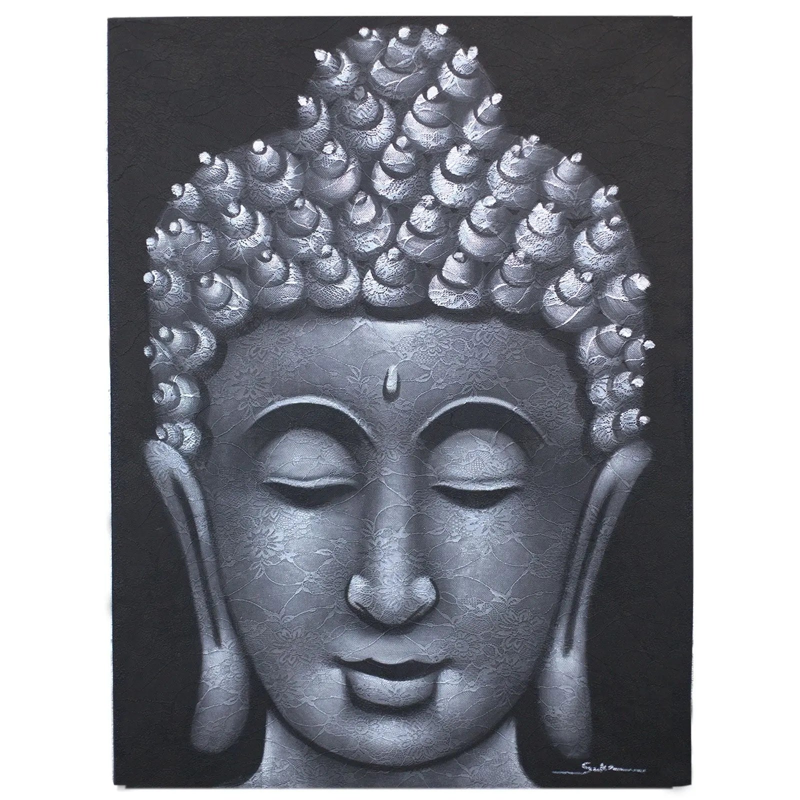 Buddha Painting - Grey Brocade Detail featuring a serene Buddha face with closed eyes and intricate grey brocade textured patterns on a dark background.