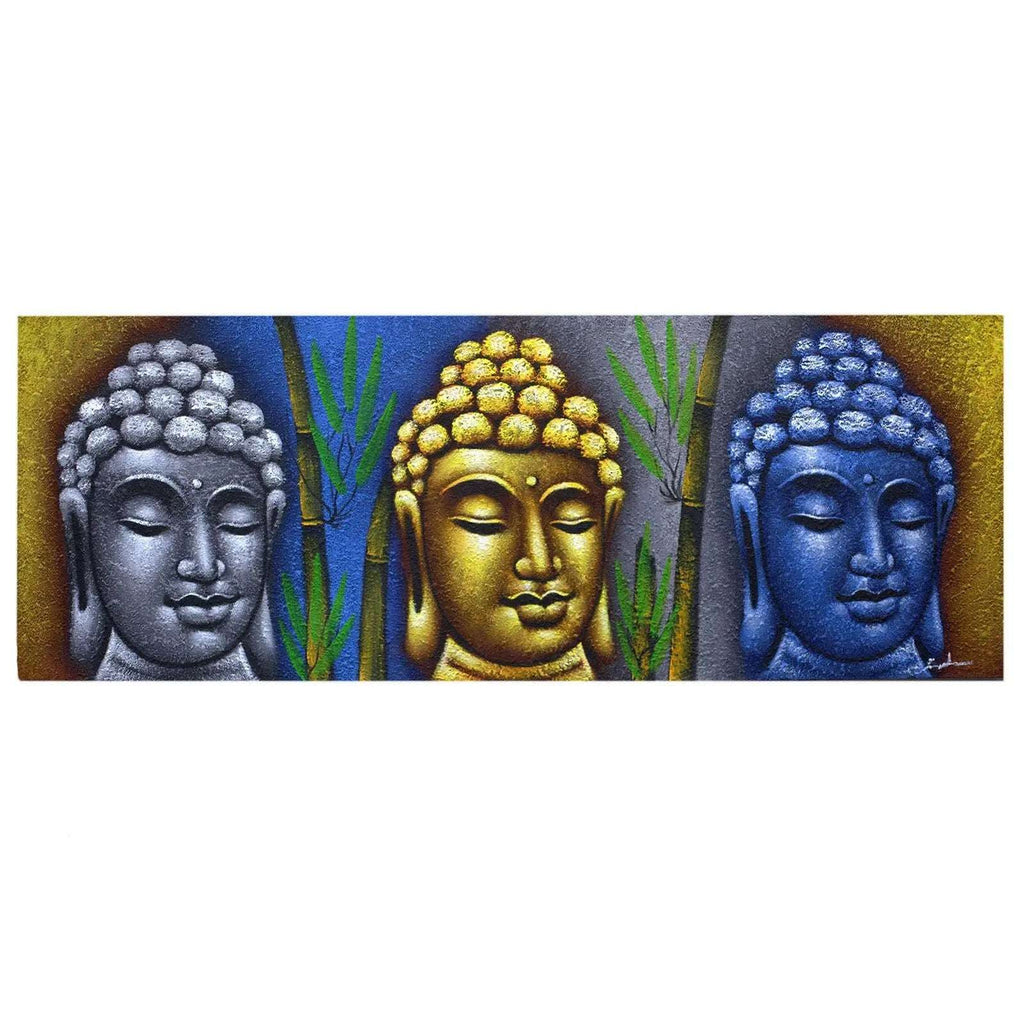 Buddha Painting - Three Heads With Bamboo featuring three serene Buddha heads in silver, gold, and blue tones surrounded by green bamboo stalks, ideal for Buddha wall hangings and decor.