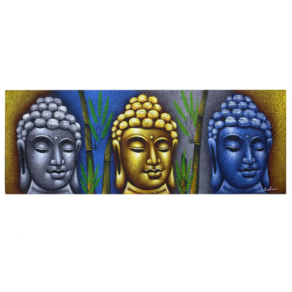 Buddha Painting - Three Heads With Bamboo featuring three serene Buddha heads in silver, gold, and blue tones, set against a backdrop of green bamboo stalks, inspired by Buddha wall hangings.