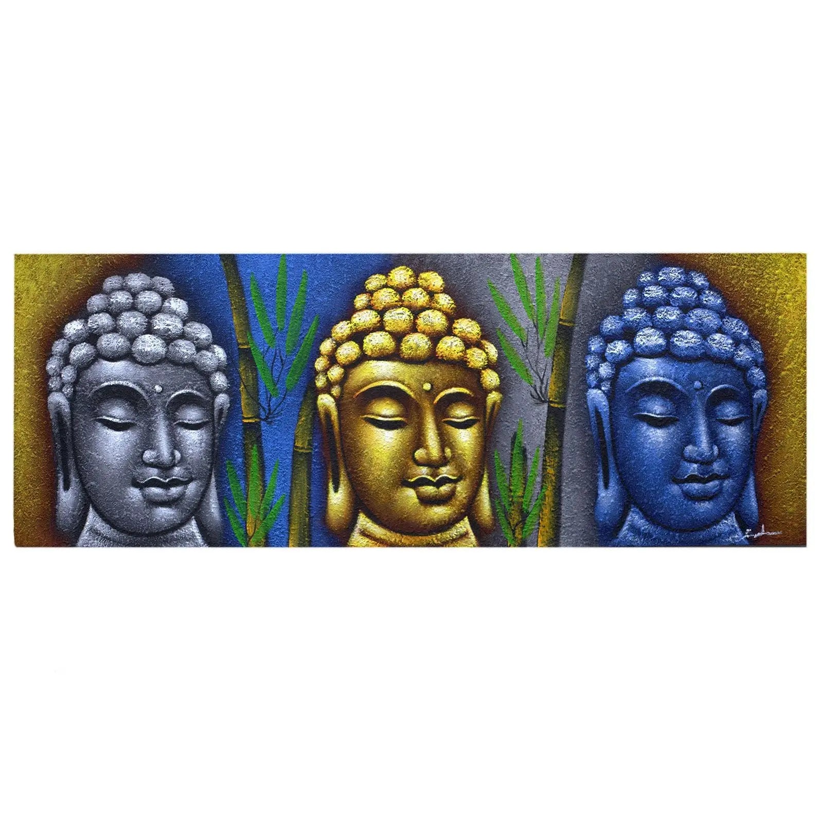 Buddha Painting - Three Heads With Bamboo featuring three serene Buddha heads in silver, gold, and blue tones, set against a backdrop of green bamboo stalks, inspired by Buddha wall hangings.