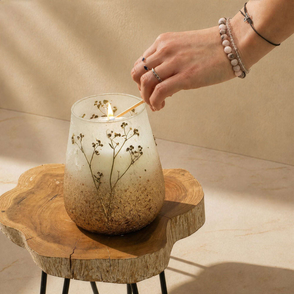 Hand lighting a Tall Glass Jar Candles - Wildlight Woods with dried floral details inside a frosted glass jar placed on a natural wooden table.