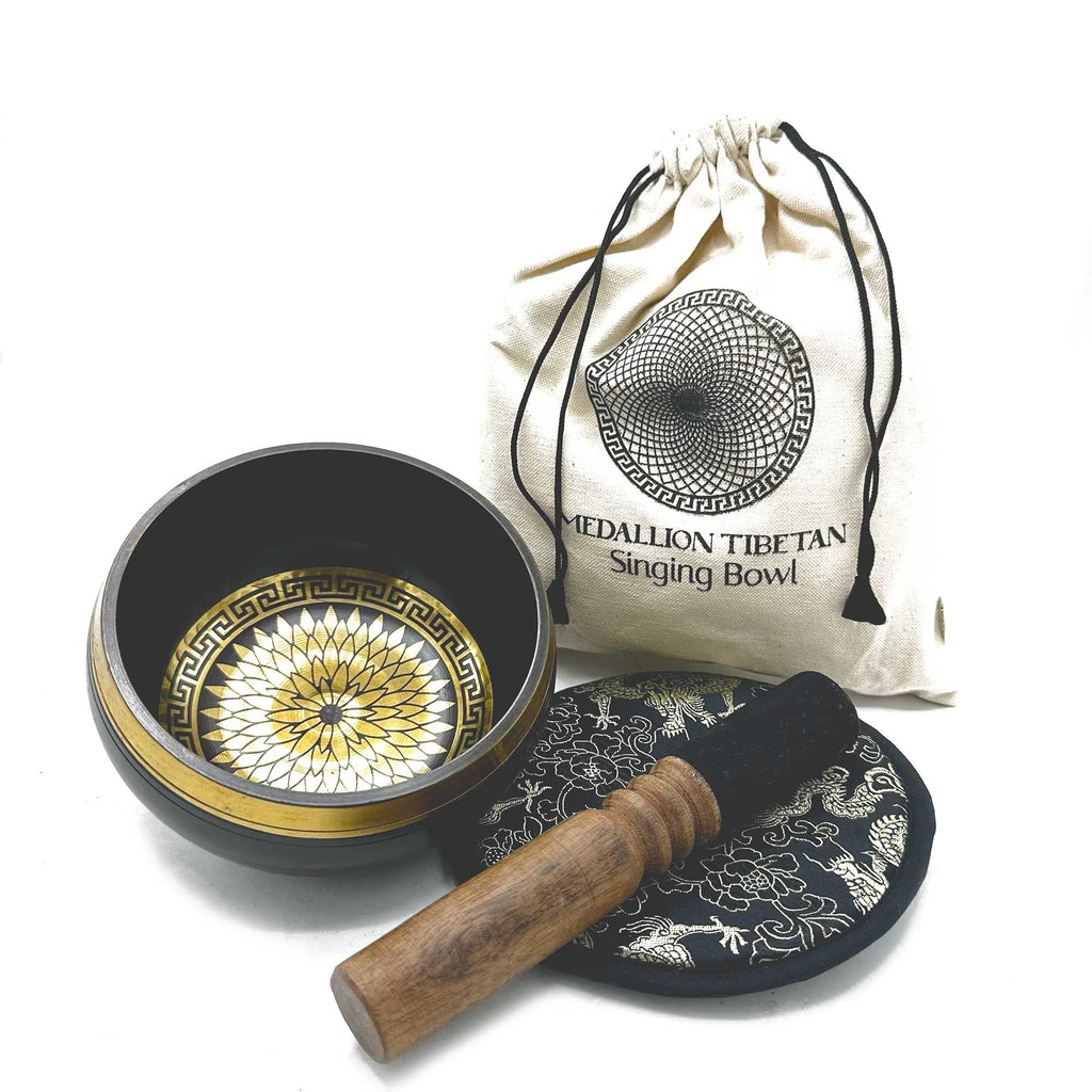 Round Medallion Hand Beaten Engraved Singing Bowl Gift Set - 14cm