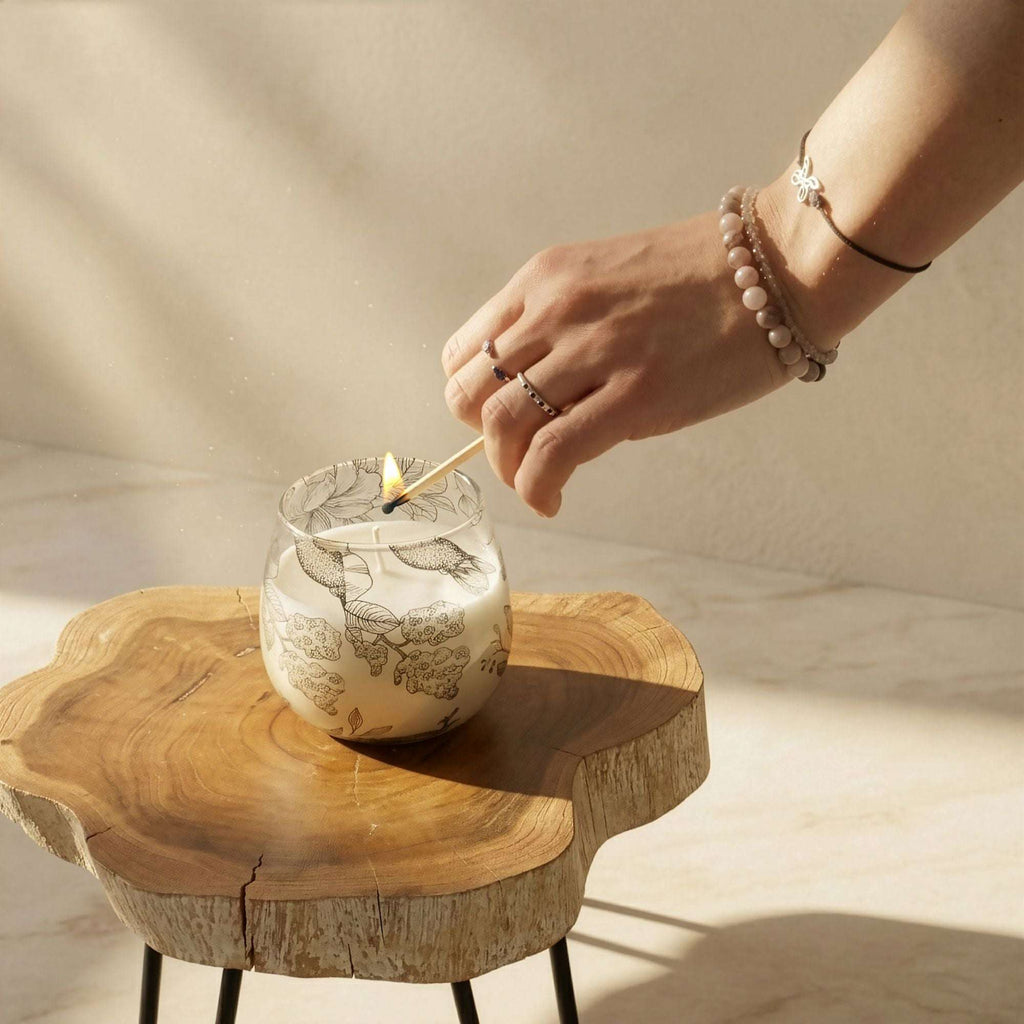 Hand lighting a Small Glass Jar Candles - Drawn by Flame with a matchstick on a natural wooden table, showcasing delicate floral patterns on the glass jar.