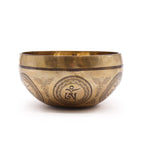 Tibetan Healing Engraved Bowl - 16cm - Bodhi Tree Buddha featuring detailed spiritual engravings on brass with a polished golden finish, ideal for meditation and healing practice.