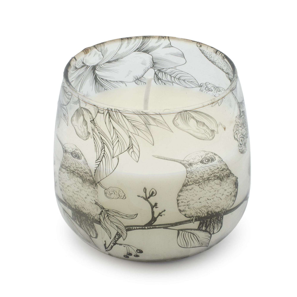 Medium Glass Jar Candles - Drawn by Flame featuring delicate black and white illustrations of hummingbirds and floral elements on a frosted glass container.