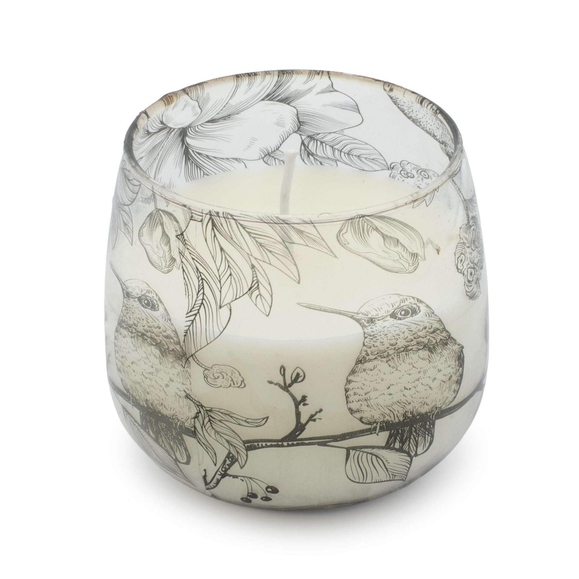 Medium Glass Jar Candles - Drawn by Flame featuring delicate black and white illustrations of hummingbirds and floral elements on a frosted glass container.