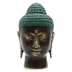 Large Antique Brass Buddha Head with detailed serene facial features, a verdigris patina on the hair, and a polished brass finish highlighting the eyes, nose, and lips.