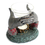 Antique Buddha - Offering Hands Oil Burner featuring hand-carved Buddha hands holding a glass bowl, designed as a unique Buddha oil burner with intricate detailing and a rustic finish.