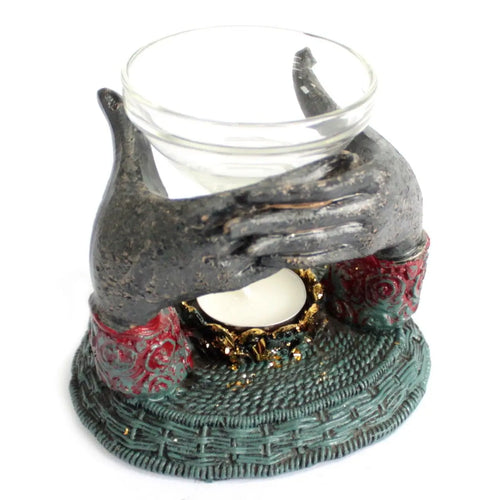 Antique Buddha - Offering Hands Oil Burner featuring hand-carved Buddha hands holding a glass bowl, designed as a unique Buddha oil burner with intricate detailing and a rustic finish.