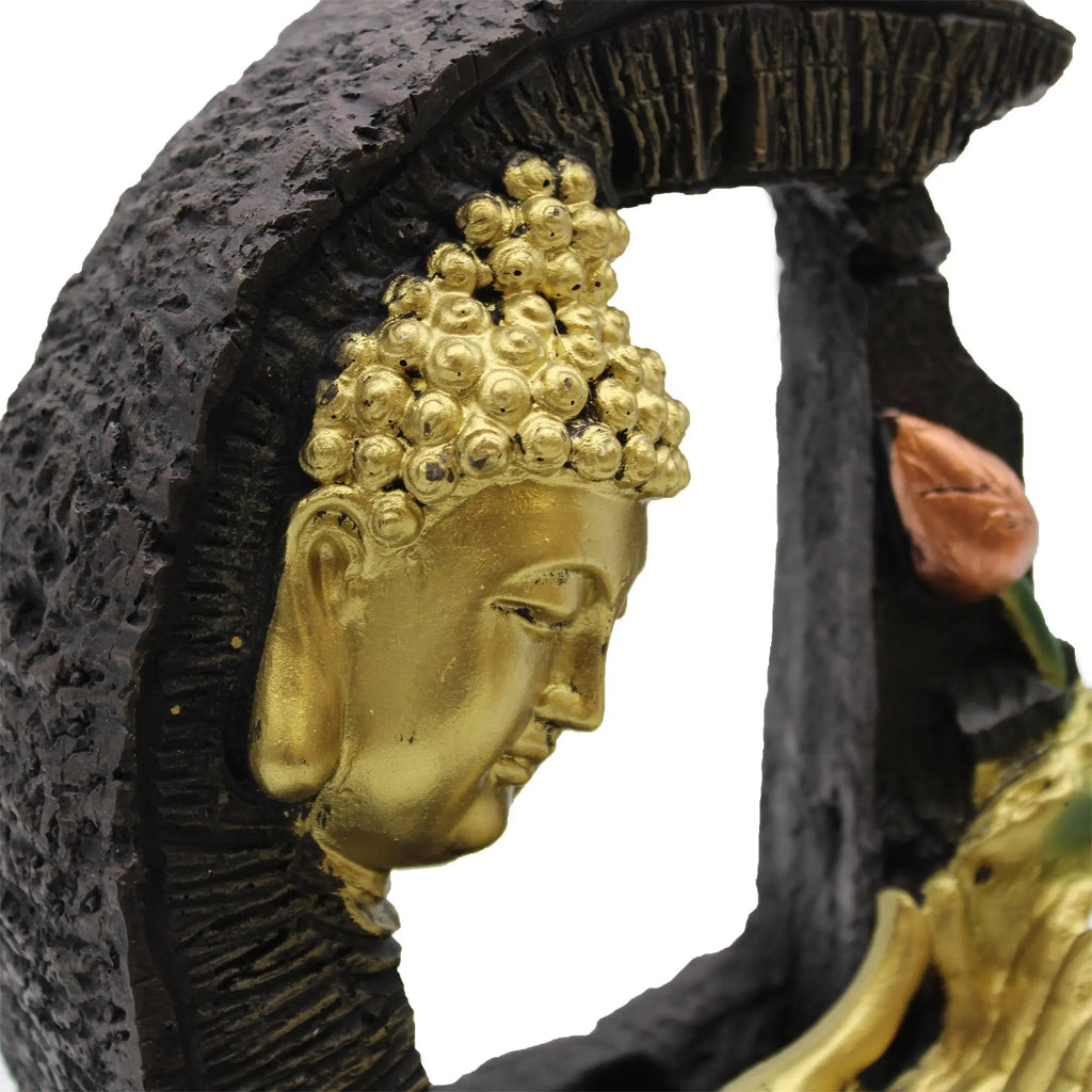 Close-up of the golden Buddha head detail in the Tabletop Water Feature - 30cm - Golden Buddha & Lotus, showcasing intricate craftsmanship and serene expression.