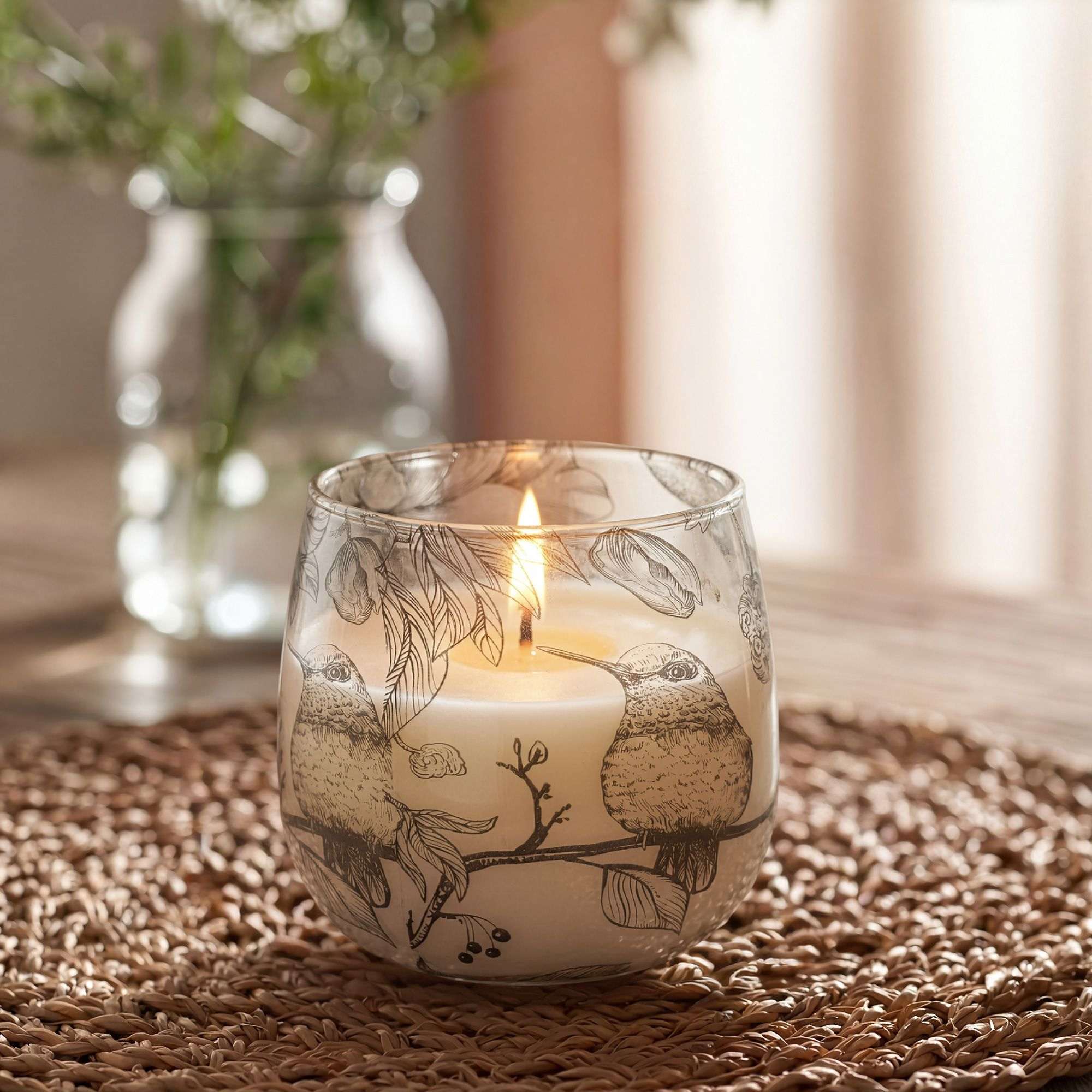 Medium Glass Jar Candles - Drawn by Flame featuring a lit candle in a glass jar adorned with delicate black bird and leaf illustrations, placed on a textured woven mat in soft natural light.