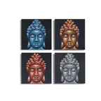 Set of 4 Buddha Heads Sand Detail 30x30cm featuring hand-painted serene Buddha faces in blue, gold, copper, and silver tones on black backgrounds, perfect for Buddha wall hangings.