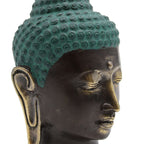 Large Antique Brass Buddha Head with a serene expression, detailed hand-carved features, and a green patina textured hair design, perfect for Buddha decor and brass Buddha figures.