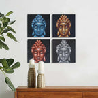 Set of 4 Buddha Heads Sand Detail 30x30cm wall hangings featuring blue, gold, copper, and silver Buddha head designs displayed above a wooden sideboard with decorative candles.