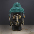 Large Antique Brass Buddha Head with intricate detailing and a green patina finish on the hair, embodying serene expression and traditional Buddhist artistry.