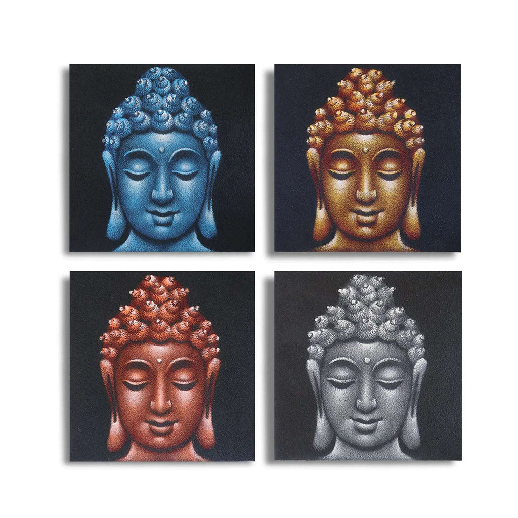 Set of 4 Buddha Heads Sand Detail 40x40cm artwork featuring hand-painted Buddha faces in blue, gold, copper, and silver tones on a black background with textured sand detail.