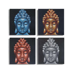 Set of 4 Buddha Heads Sand Detail 40x40cm artwork featuring hand-painted Buddha faces in blue, gold, copper, and silver tones on a black background with textured sand detail.