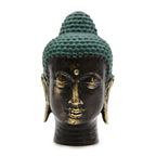 Small Antique Brass Buddha Head with a serene expression, detailed texture on the hair, and a timeless antique finish suitable for Buddha decor and brass Buddha figures.
