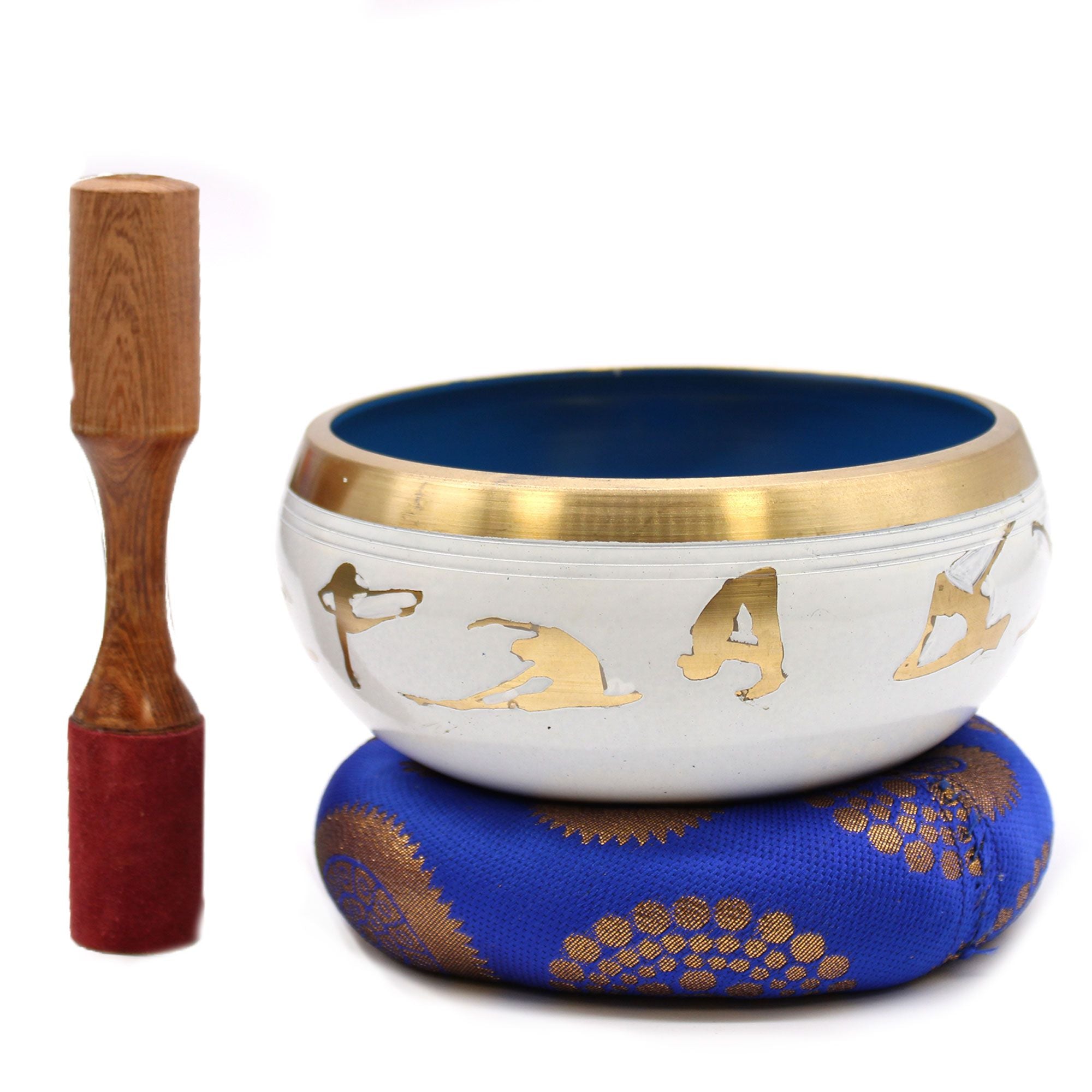 Large Yoga Moves Tibetan Singing Bowl Set - White and Blue 14cm