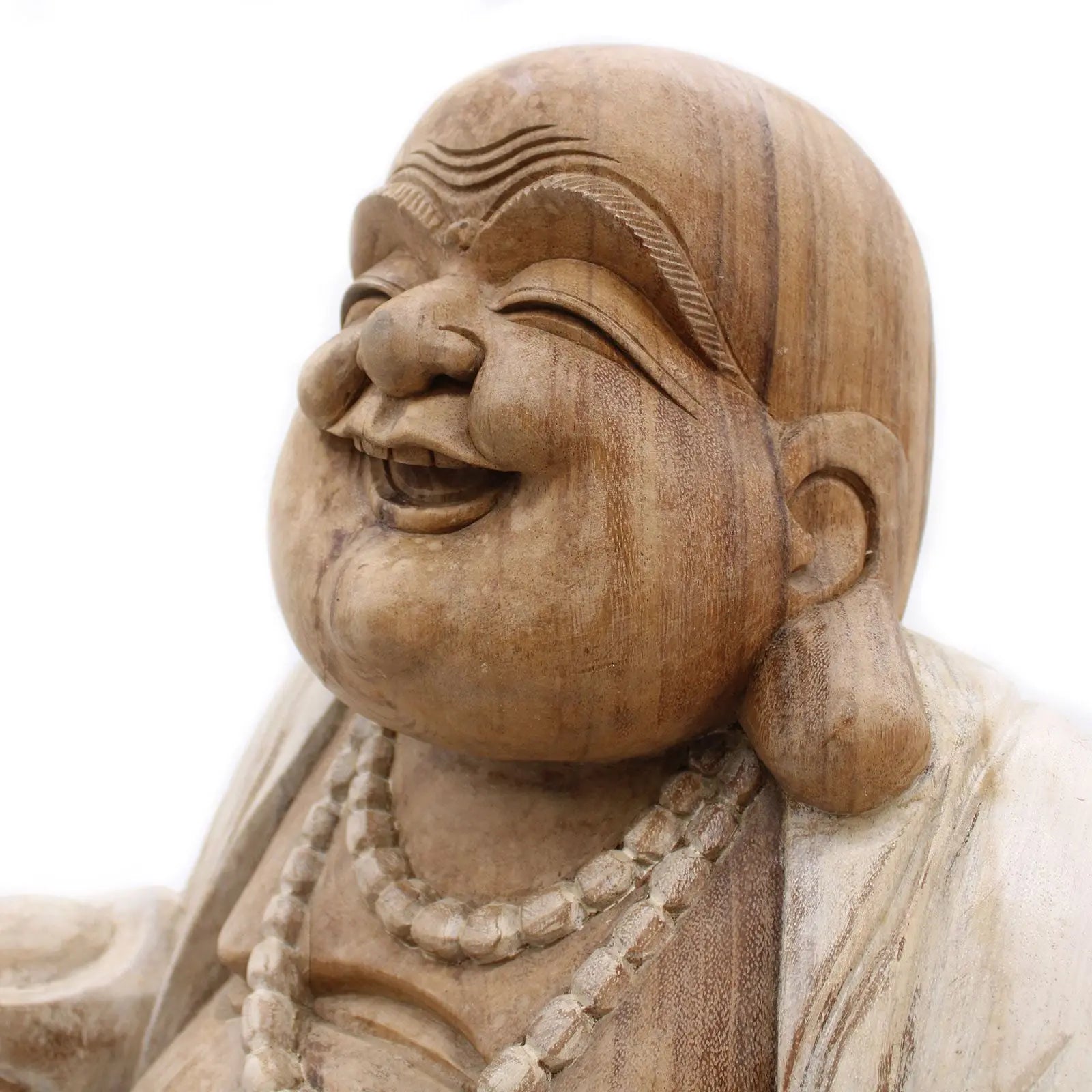 Close-up of a hand-carved Happy Buddha - Whitewash 50cm statue showing detailed facial features and smiling expression with beaded necklace on a whitewashed finish.