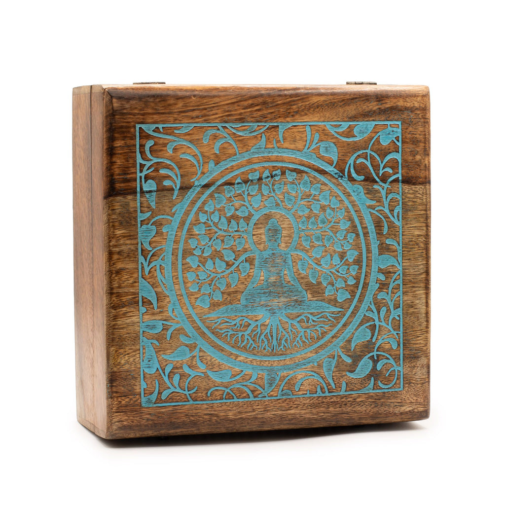 Extra Large Square Wooden Buddha Box 25x25x10cm - Buddha Bodhi Tree