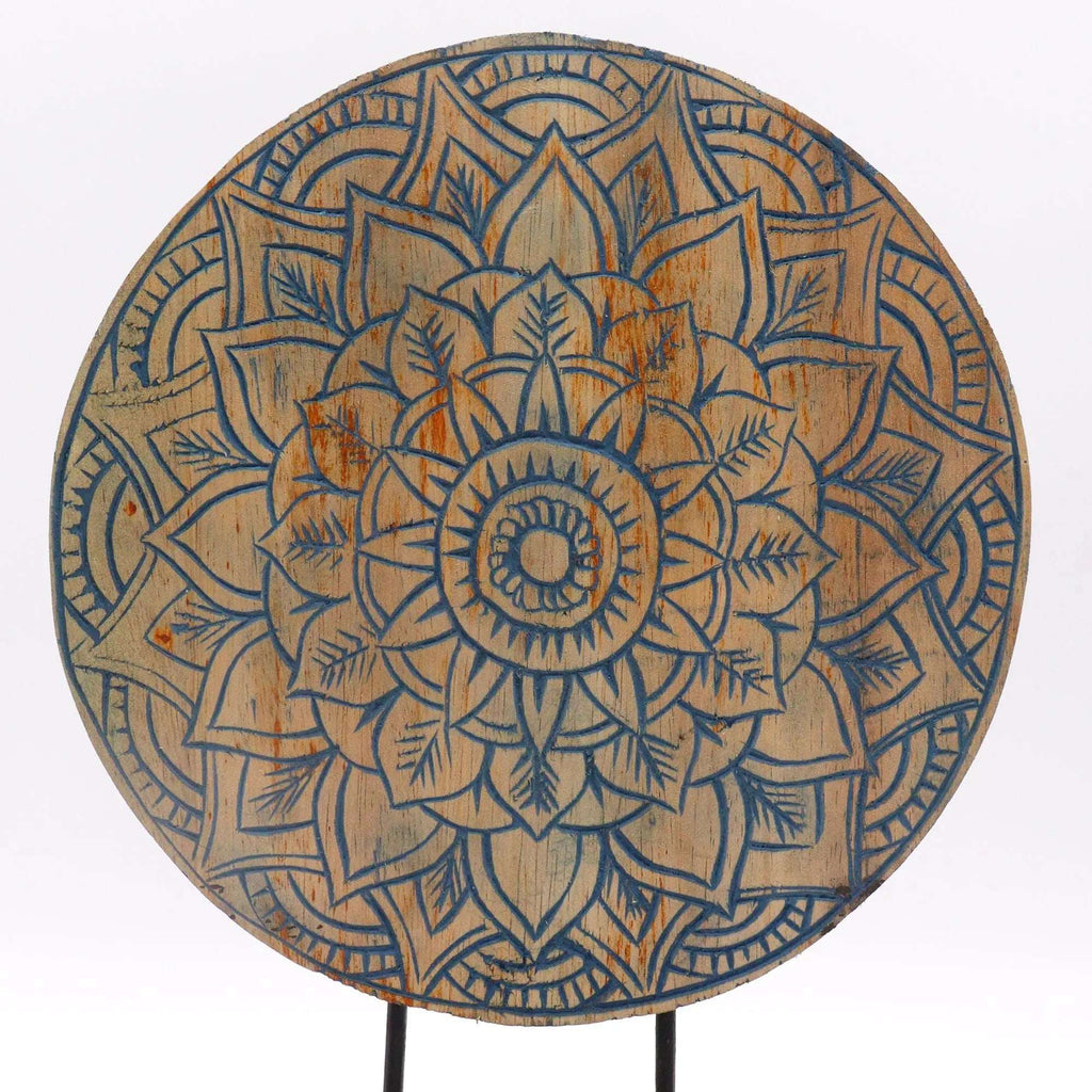 Buddha Feng Shui Set - Flower Mandala - Blue featuring a hand-carved wooden circular plaque with an intricate blue flower mandala design, ideal for serene Buddha decor.