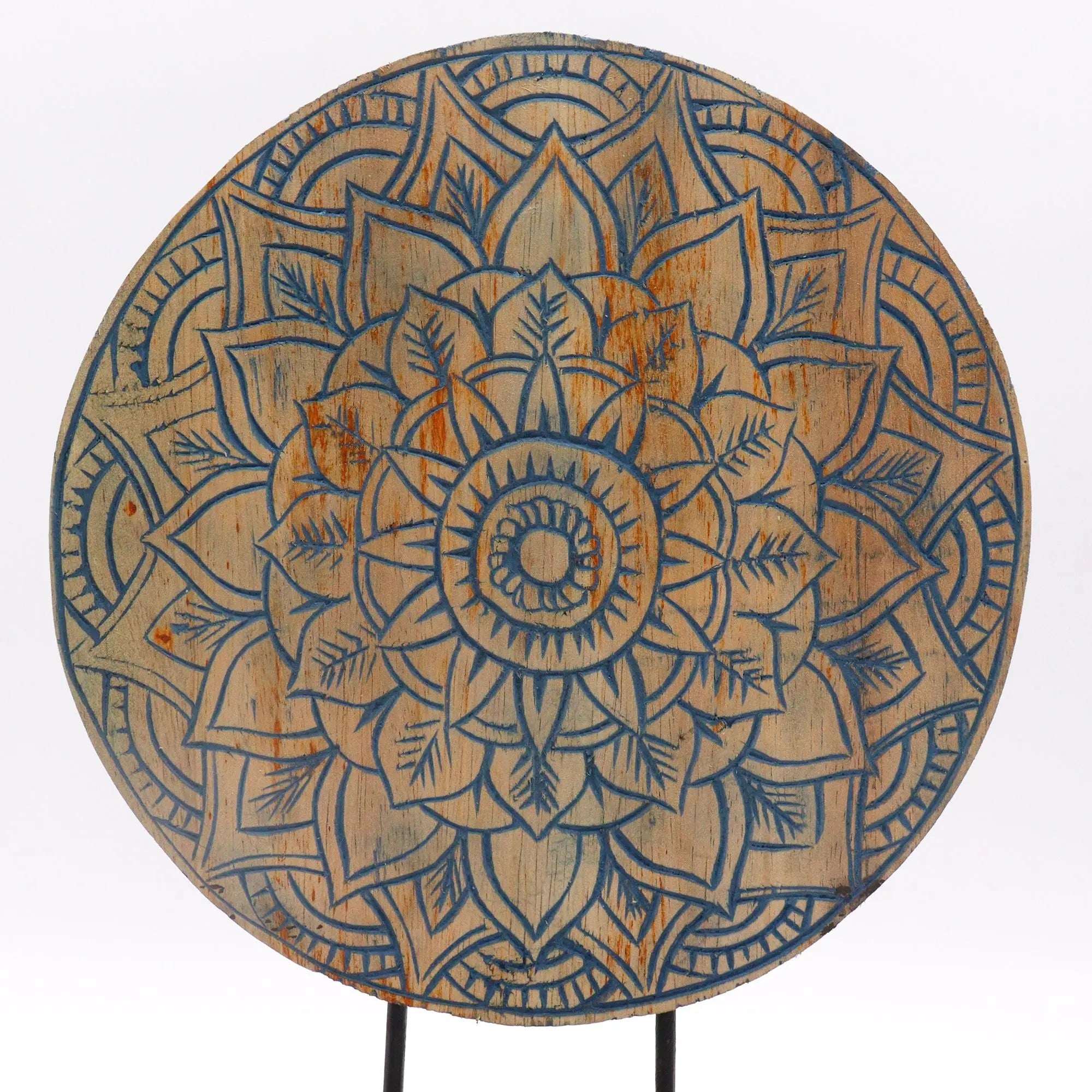 Buddha Feng Shui Set - Flower Mandala - Blue featuring a hand-carved wooden circular plaque with an intricate blue flower mandala design, ideal for serene Buddha decor.