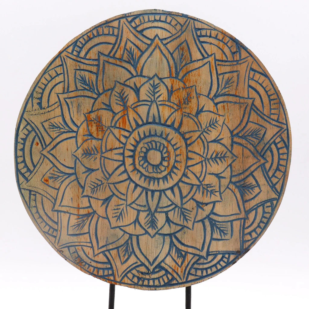 Buddha Feng Shui Set - Flower Mandala - Blue featuring a circular wooden mandala with intricate blue floral and leaf patterns carved and painted on its surface, embodying peaceful Buddha decor.