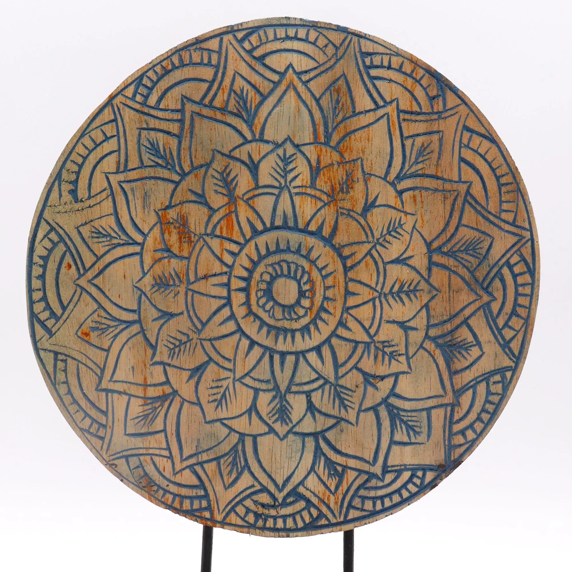 Buddha Feng Shui Set - Flower Mandala - Blue featuring a circular wooden mandala with intricate blue floral and leaf patterns carved and painted on its surface, embodying peaceful Buddha decor.