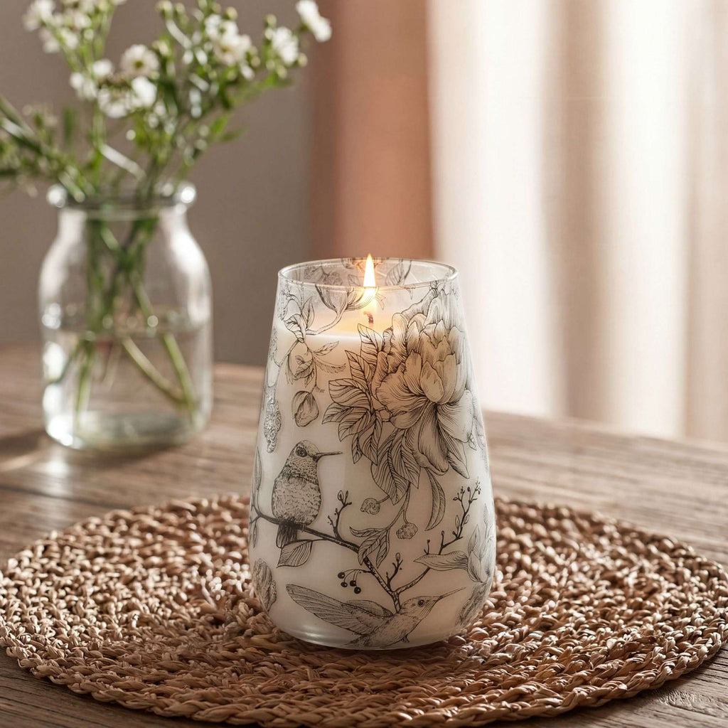 Tall Glass Jar Candles - Drawn by Flame lit on a woven placemat, featuring detailed botanical and bird illustrations on a clear glass jar in a softly lit room.