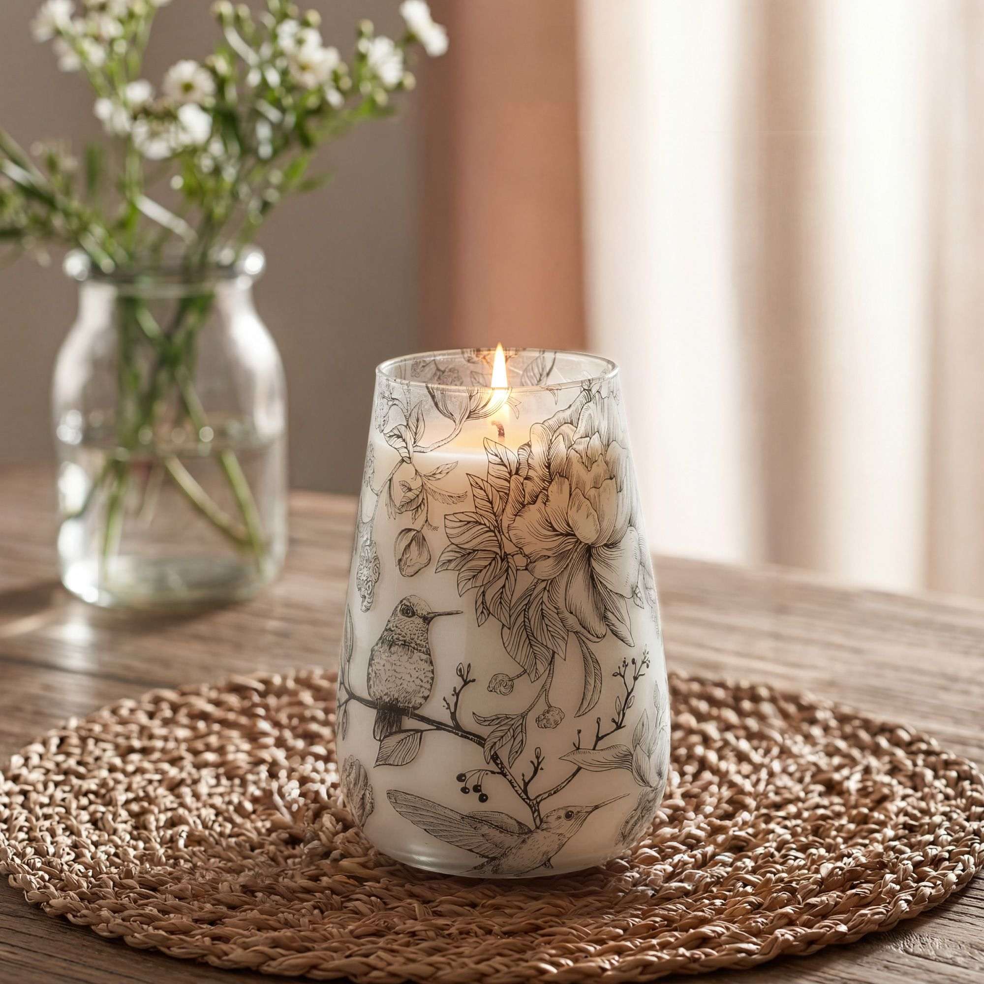 Tall Glass Jar Candles - Drawn by Flame lit on a woven placemat, featuring detailed botanical and bird illustrations on a clear glass jar in a softly lit room.