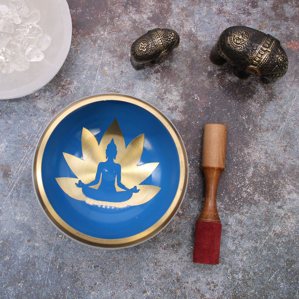 Large Yoga Moves Tibetan Singing Bowl Set - White and Blue 14cm