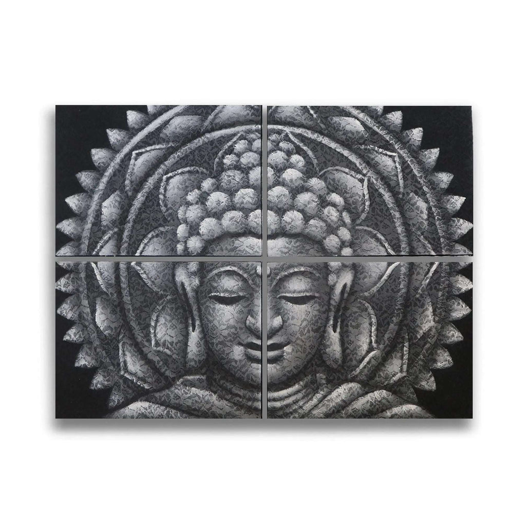 Set of 4 Grey Buddha Mandala Brocade Detail 30x40cm wall art featuring a serene Buddha face surrounded by intricate mandala patterns in a calming grey palette.