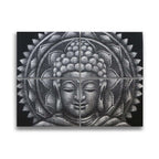 Set of 4 Grey Buddha Mandala Brocade Detail 30x40cm wall art featuring a serene Buddha face surrounded by intricate mandala patterns in a calming grey palette.