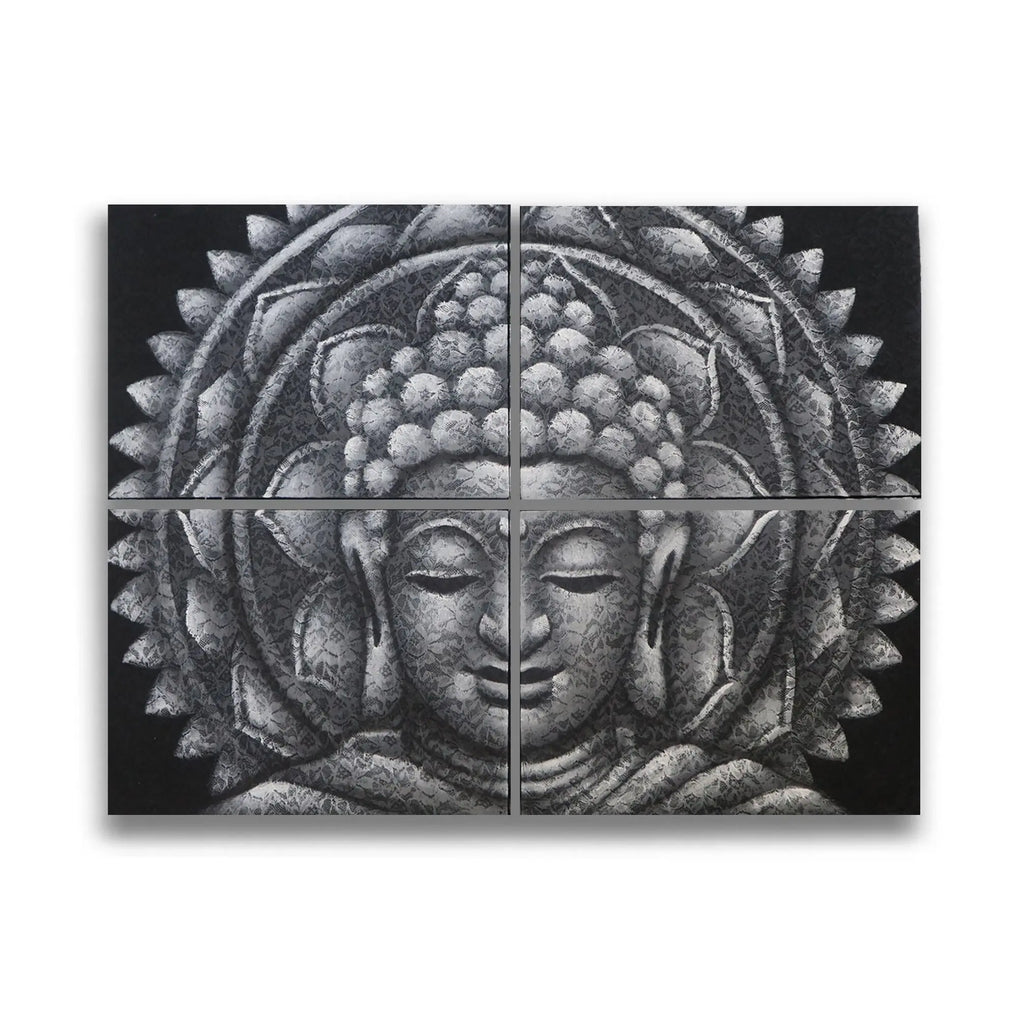 Set of 4 Grey Buddha Mandala Brocade Detail 30x40cm wall art featuring a serene Buddha face with intricate mandala patterns in grey tones, ideal for Buddha decor.