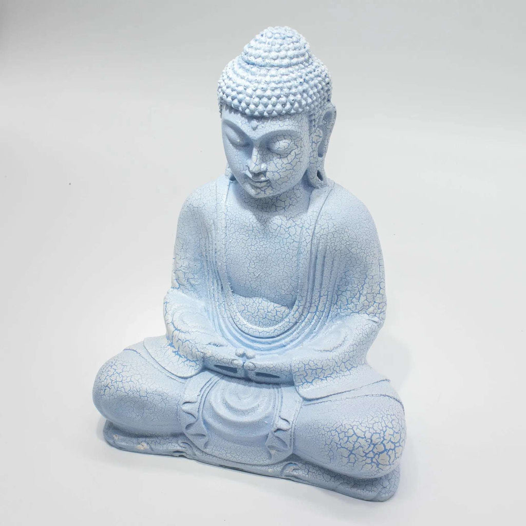 Meditation Buddha Lamp Sky Blue - Oval Stand, serene sky blue Buddha statue lamp with cracked texture on oval base, perfect as Buddha decor or a Buddha glow lamp.