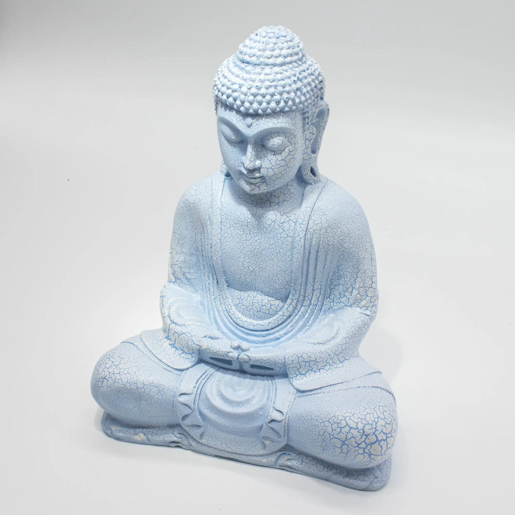 Meditation Buddha Lamp Sky Blue - Oval Stand, featuring a serene hand-carved Buddha figure in a soft sky blue with a textured finish, ideal for tranquil home decor.