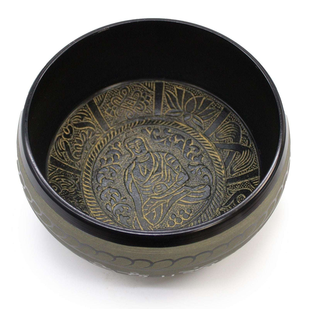 Extra Loud - Singing Bowl - One Buddha featuring intricate hand-carved Buddha design inside a brass bowl, perfect for meditation, sound therapy, and Buddha decor.