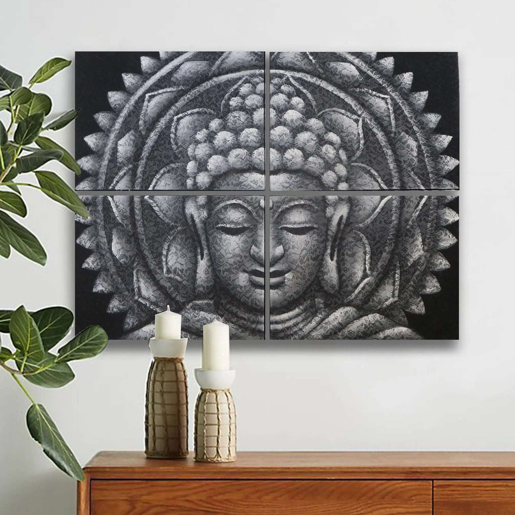 Set of 4 Grey Buddha Mandala Brocade Detail 30x40cm wall art panels featuring a serene Buddha face with intricate mandala patterns in a calming grey palette above a wooden sideboard with decorative candles.