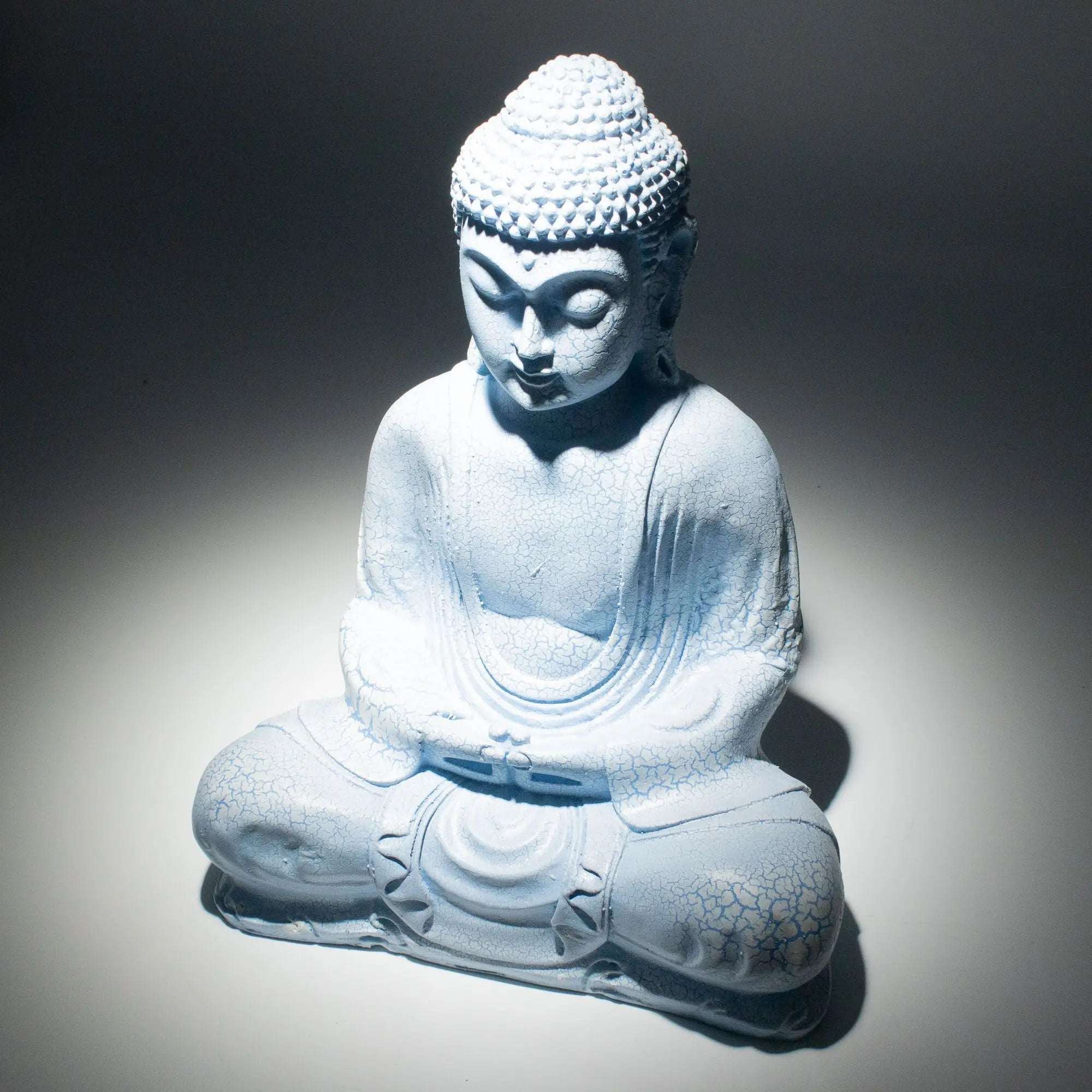 Meditation Buddha Lamp Sky Blue - Oval Stand with a serene hand-carved Buddha figure in calming sky blue, featuring delicate texture and soft glow for peaceful Buddha decor.
