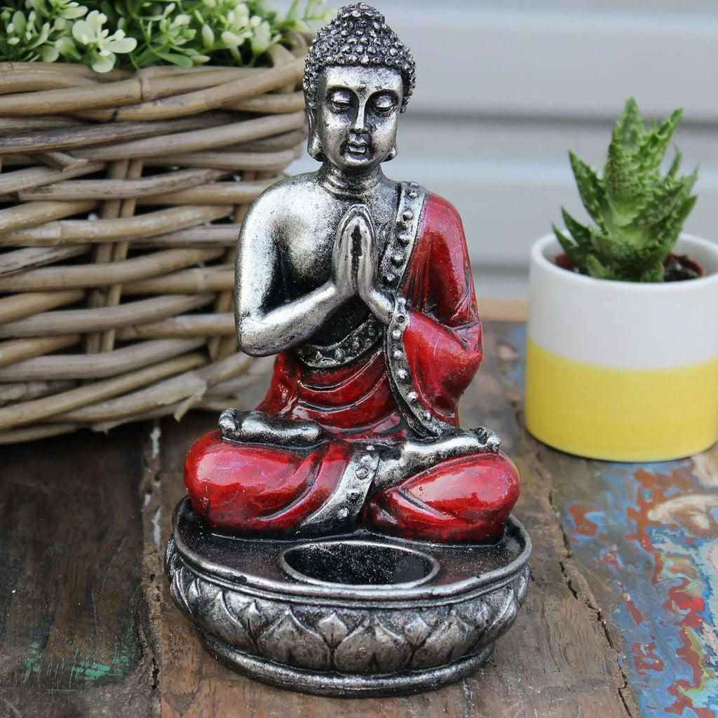 Buddha Candle Holder - Red - Medium featuring a hand-painted resin Buddha statue seated in a meditative pose with detailed silver and red accents, designed for serene home decor.