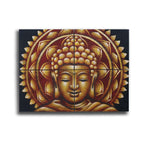 Set of 4 Gold Buddha Mandala Brocade Detail 30x40cm showing a serene Buddha face in gold and bronze tones with intricate mandala patterns creating a peaceful wall hanging decor.