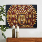 Set of 4 Gold Buddha Mandala Brocade Detail 30x40cm wall art featuring a serene Buddha face with golden mandala patterns, displayed above a wooden console with candles and greenery.