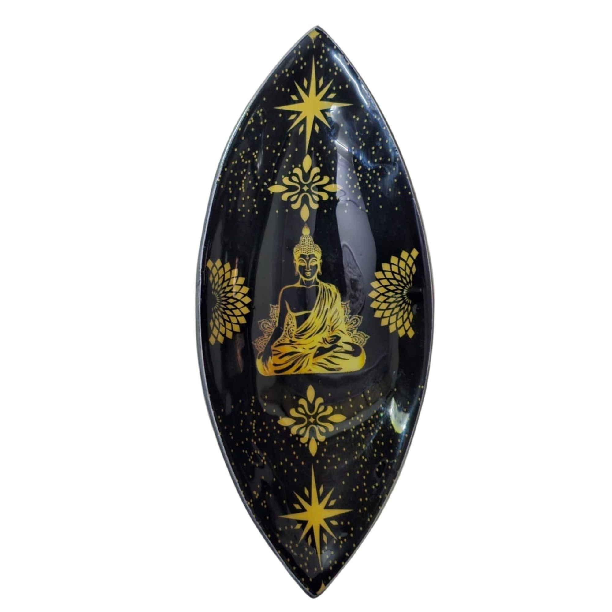 Enamel Incense Bowl - Polished Aluminium - Gold & Black Buddha