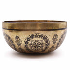 Tibetan Healing Engraved Bowl - 21cm - 5 Buddhas, hand-engraved brass bowl featuring intricate traditional Buddhist symbols and detailed craftsmanship for spiritual decor.