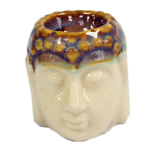 Buddha Oil Burner - Ivory & Mint featuring a serene Buddha head design with a glossy ivory finish and mint-green accents, perfect for calming, decorative home use.