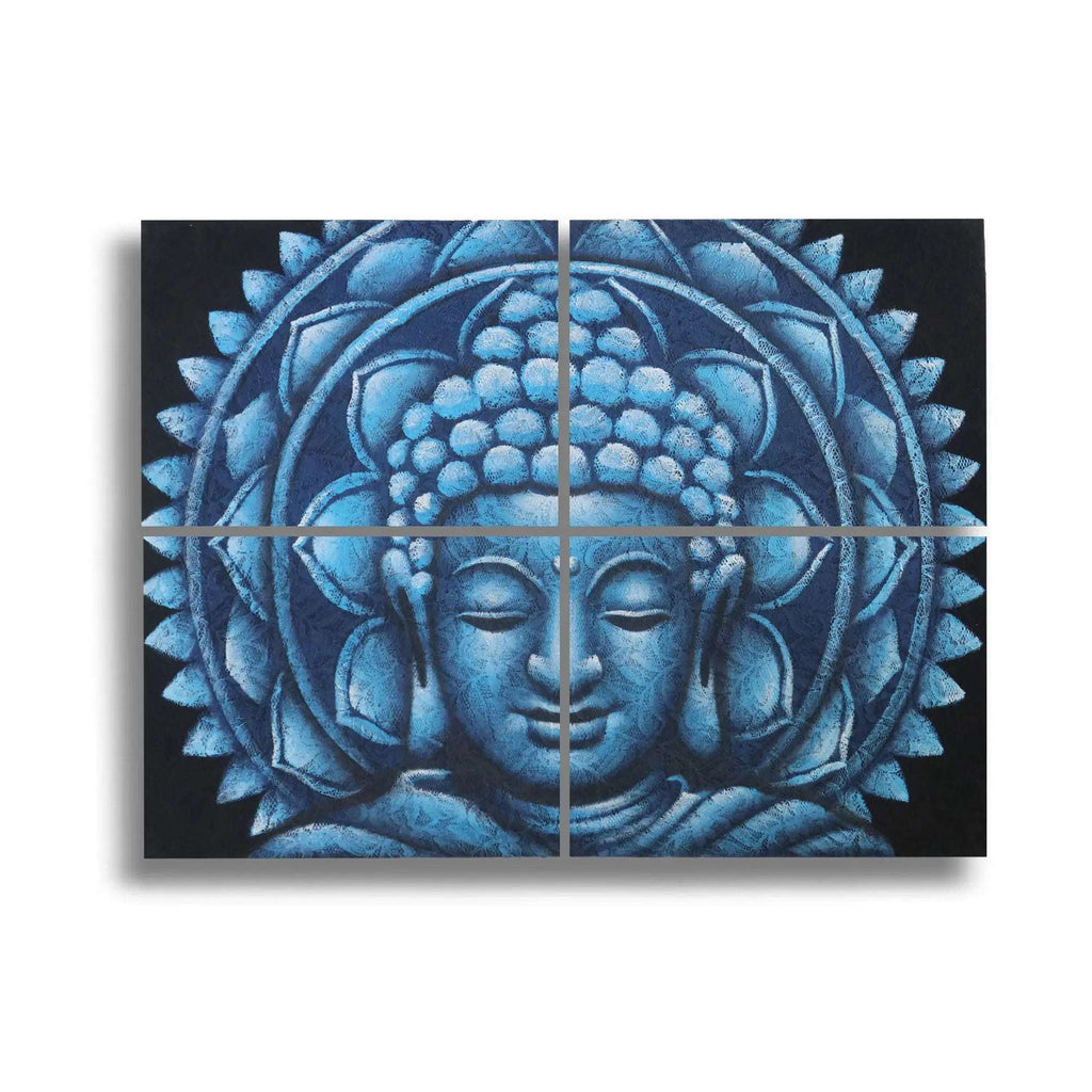 Set of 4 Blue Buddha Mandala Brocade Detail 30x40cm featuring a serene blue Buddha face with mandala patterns in a brocade style, ideal for calm and spiritual decor.