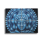 Set of 4 Blue Buddha Mandala Brocade Detail 30x40cm featuring a serene blue Buddha face with mandala patterns in a brocade style, ideal for calm and spiritual decor.