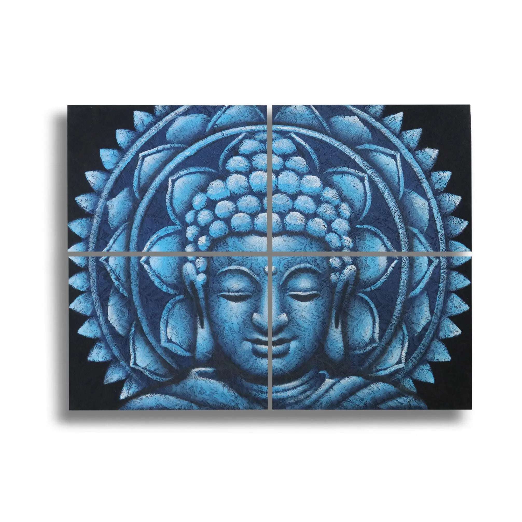 Set of 4 Blue Buddha Mandala Brocade Detail 30x40cm featuring a serene blue Buddha face with mandala patterns in a brocade style, ideal for calm and spiritual decor.