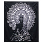 B&W Double Cotton Bedspread + Wall Hanging - Buddha featuring a black and white artistic Buddha figure in meditation pose with a detailed mandala halo background, perfect Buddha wall hanging decor.